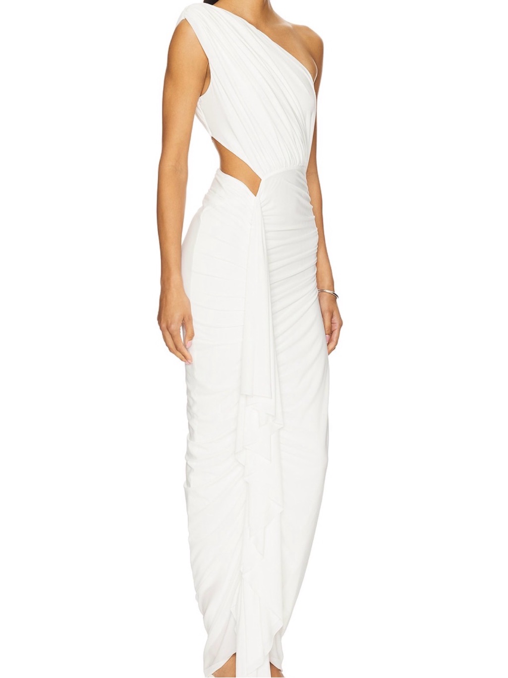Superdown Juliet One-Shoulder White Ruched Cutout Midi Dress